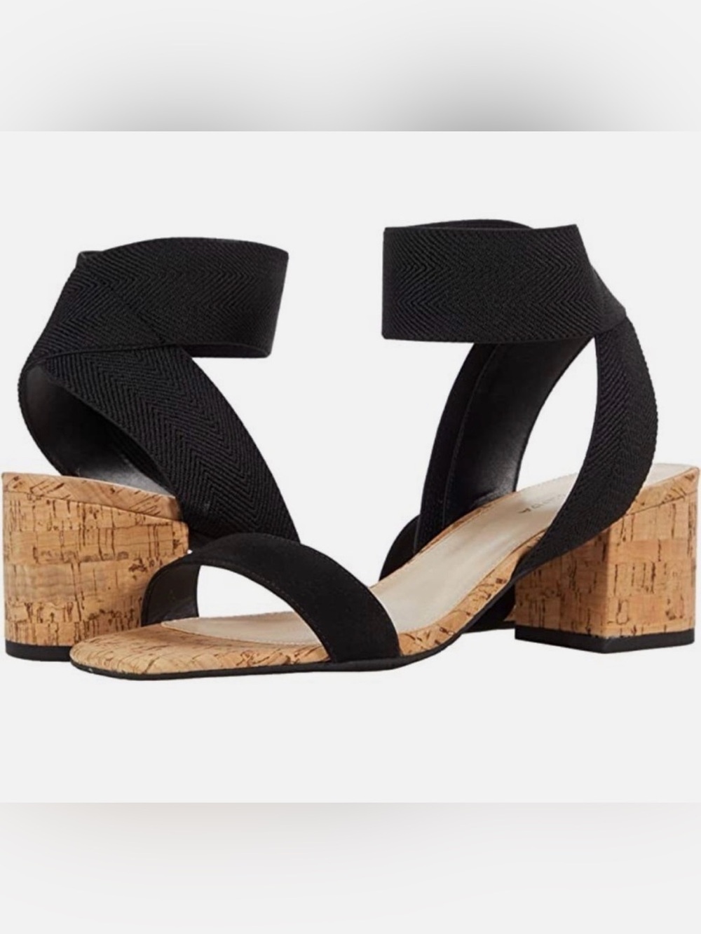 Pelle Moda Black Cork Block Heel Ankle Wrap Sandals